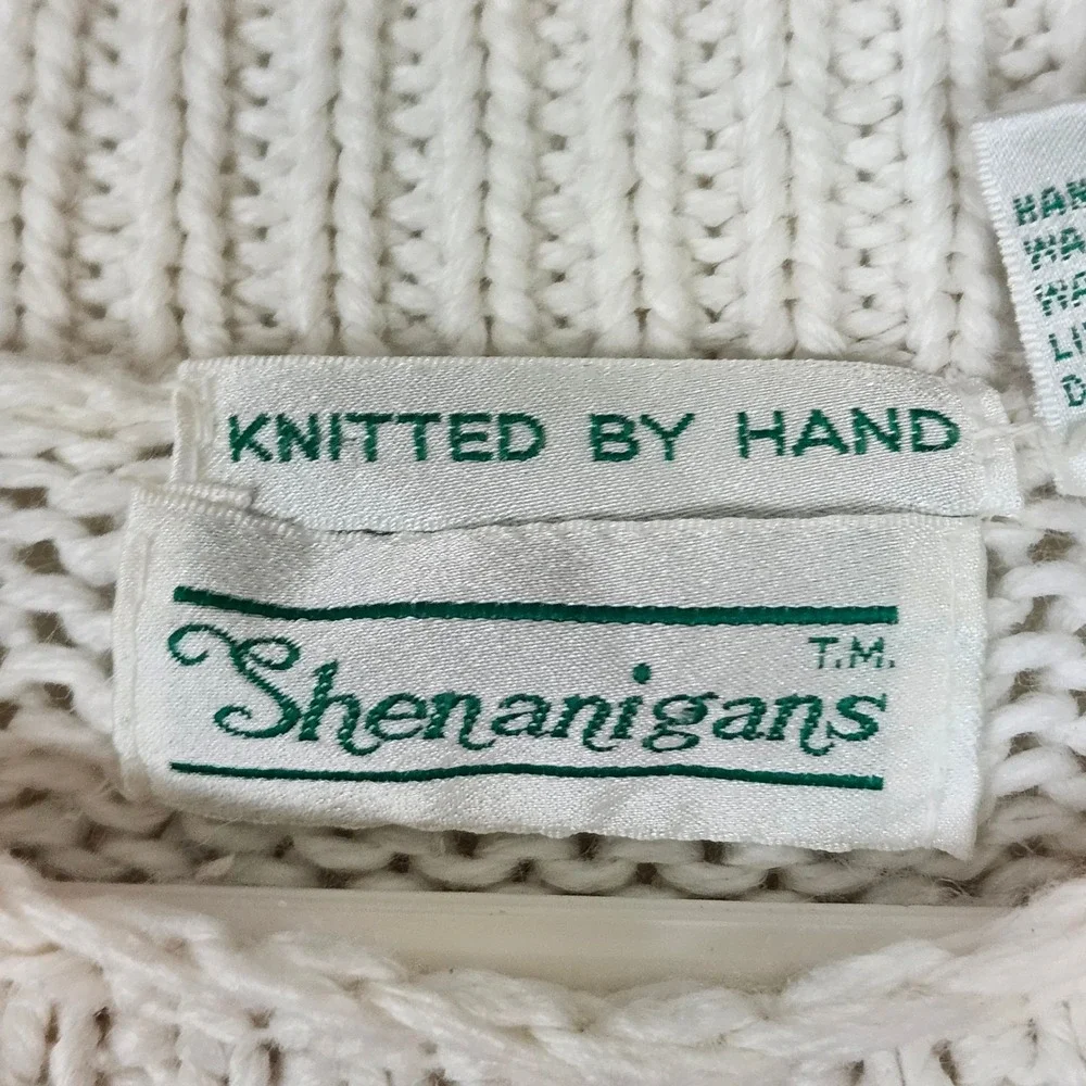 Vintage 80s Hand Knit Floral Sweater Cream Diamond Argyle 3D Flowers Large